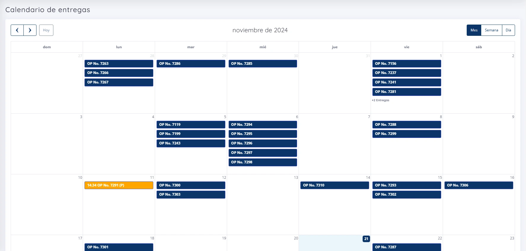 Módulo Calendario Entregas del ERP NetXus